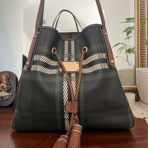 Navy Blue and Green Plaid Shoulder Ba